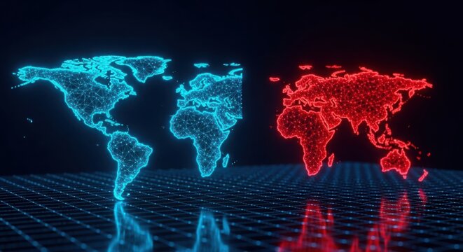 a blue and red map of the world on a black background illustration