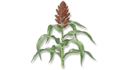 Fototapeta premium Sorghum Seed Head Illustration With Green Leaves Botanical Style