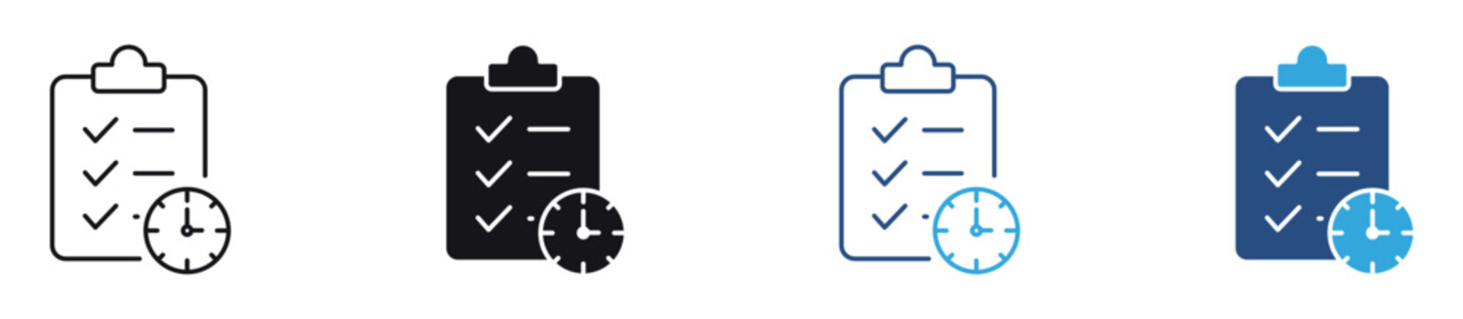 Waiting List Icon Set Clipboard checklist with clock symbol representing waiting list management, appointment queue, pending tasks, and scheduling system concept. Vector illustration.