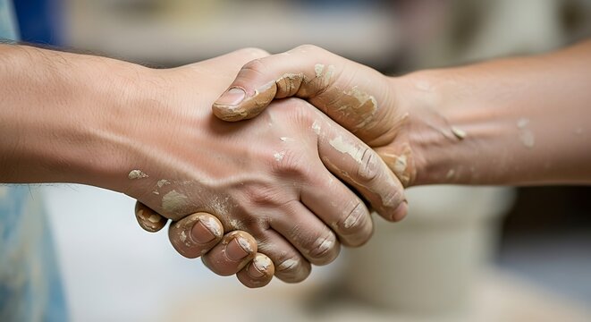 Two people shaking hands with clay covered hands in a studio