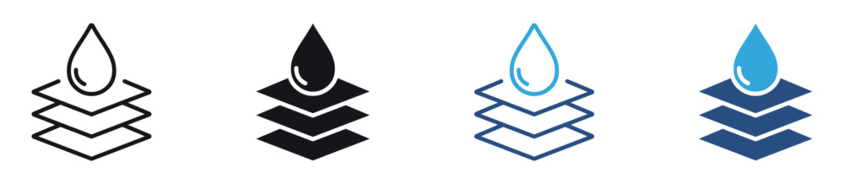 Absorbent Layer Icon Set Water droplet over layered material symbolizing liquid absorption, moisture retention, spill protection, and absorbent fabric technology. Vector illustration.
