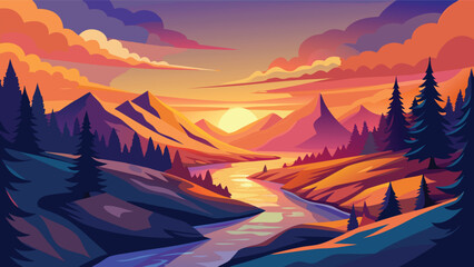 Vibrant sunset over a tranquil river valley with majestic mountains and pine trees in a stylized vector illustration © CreativeKamrul