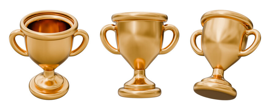 Trophy cup award prize gold golden metallic shiny luxury, champion winner victory success achievement reward, honor recognition excellence top elite sport, collection set icon, 3d illustration.
