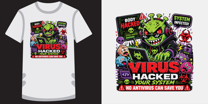 Cartoon virus hacker character vector illustration on white t shirt design mockup layout.