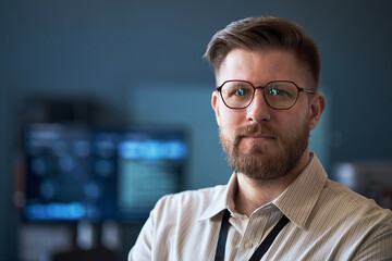 Obraz premium Portrait of Caucasian young adult man wearing glasses, facing camera in tech workplace, conveying confidence and expertise. Ideal for IT staffing, cybersecurity, leadership campaigns