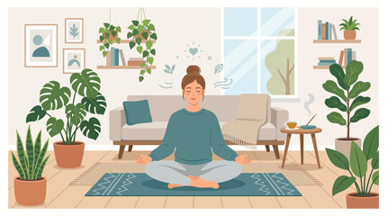 Fototapeta premium Woman Meditating Peacefully in Cozy Home Yoga Space