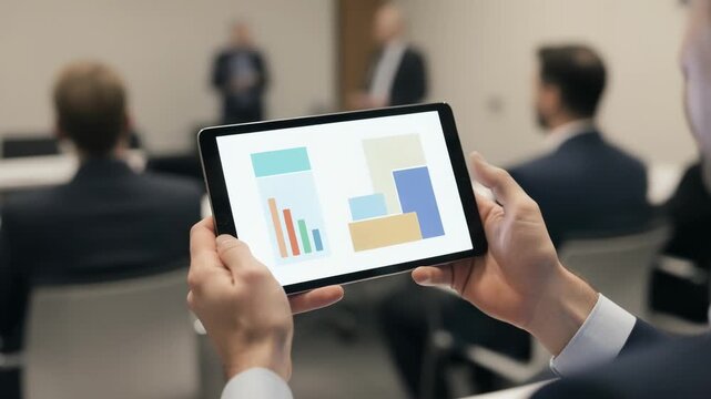 Clear view of hands navigating an interactive tablet screen filled with pension calculators while attendees move indistinctly behind.