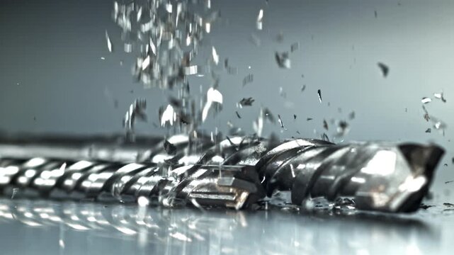 Closeup drill bit cutting metal, spiral chips and shimmering swarf Filmed on a high-speed camera at 1000 fps.