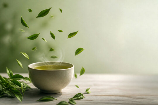 Green tea cup with floating fresh leaves on wooden table