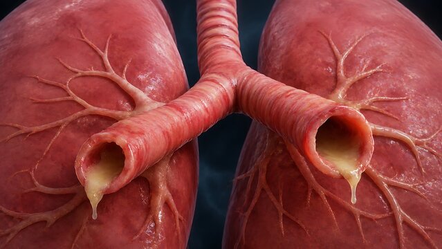 Asthma Attack with Constricted Airways and Inflamed Bronchial Tubes, Medical Illustration