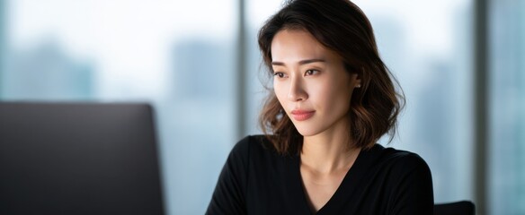 Fototapeta premium Young Asian female entrepreneur engaged with sleek desktop computer at contemporary office desk.