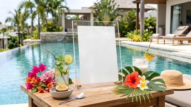 Summer mock up frame on a wooden table by a pool with tropical flowers and a refreshing drink in a serene outdoor setting.