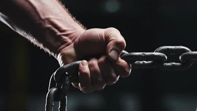 Muscular Hand Gripping Heavy Iron Chain in Dark Cinematic Lighting