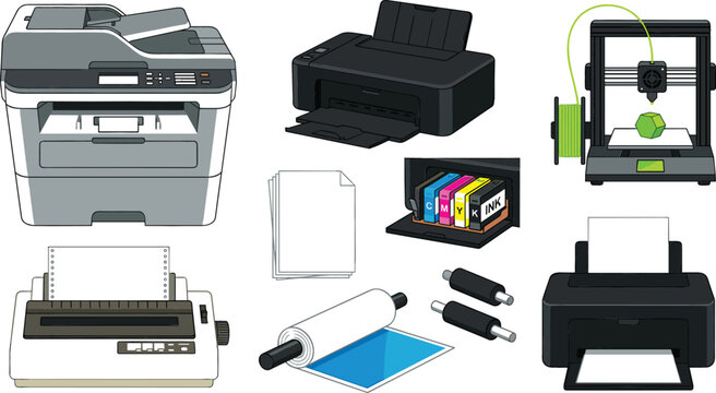 Collection of office printer and 3D printing vector illustrations featuring multifunction printers, ink cartridges, paper supplies and desktop fabrication equipment