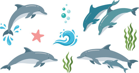 Collection of cute dolphin vector illustrations featuring playful sea dolphins, ocean waves, starfish and underwater marine life elements © sumi