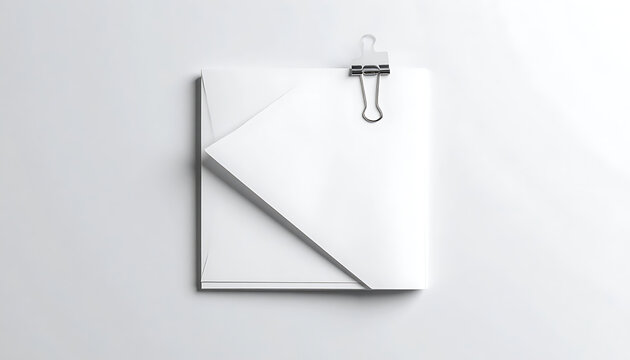 Blank white paper sheets held together by a metal binder clip, isolated on a clean grey background, office supplies, document organization