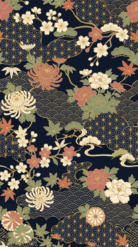 Elegant kimono inspired seamless pattern, floral Japanese ornaments and oriental geometric motifs, flat vector luxury style