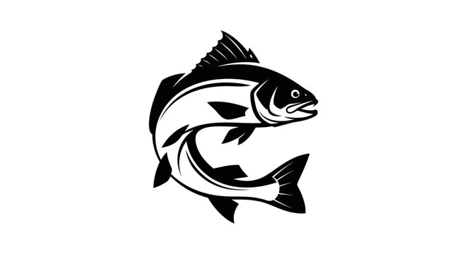 Stylized black and white vector illustration of a jumping salmon trout fish curved in mid-air isolated on a white background for fishing club artworks