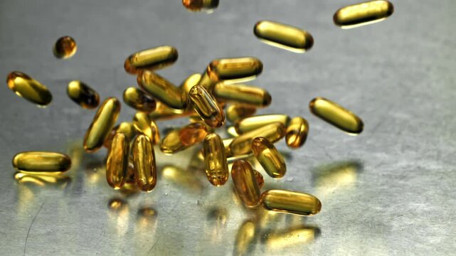 Golden softgel capsules cascading on metal premium supplement imagery Filmed on a high-speed camera at 1000 fps.