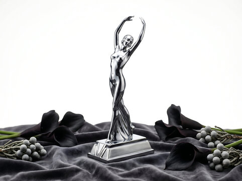 Centered close-up of an ornate Art Deco chrome figurine of a dancer resting on a charcoal velvet cloth, surrounded by black calla lilies and silver brunia berries