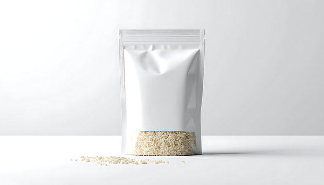 Blank white resealable pouch bag with clear window displaying rice grains, studio shot