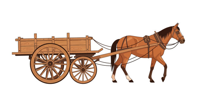 Horse pulling wooden cart, traditional transport, isolated on white