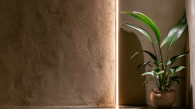 Textured beige limewash wall with vertical LED light and potted plant showcasing luxury wellness studio and refined spa interior