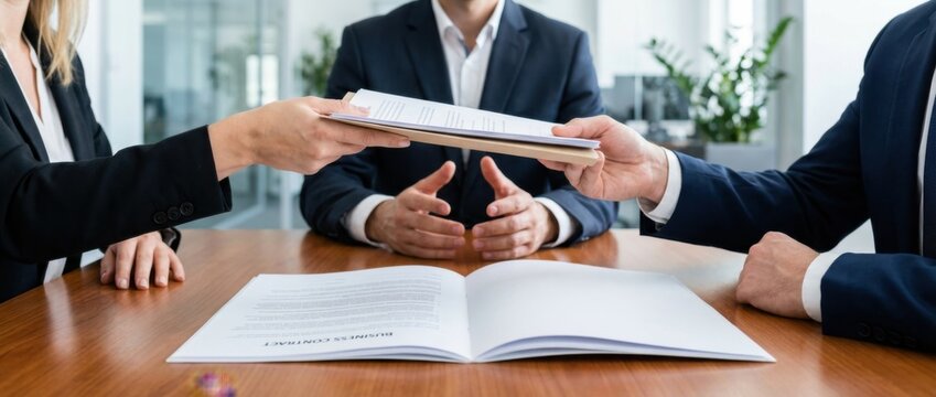middleman concept shows hands exchanging documents over a contract professional studio shot with clear focus on trust negotiation and business communication in a corporate environment