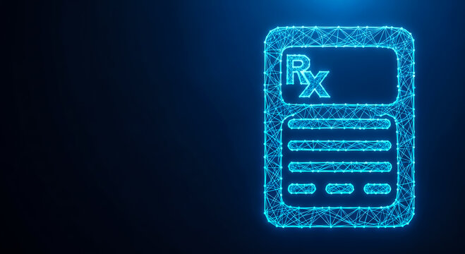 A glowing digital icon of a prescription pad with 'Rx' symbol on a dark blue background. Futuristic design.