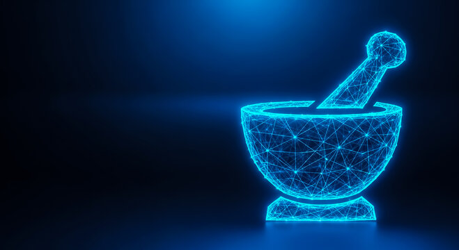 A digital illustration of a mortar and pestle glowing with blue neon light against a dark background, symbolizing pharmacy or science.