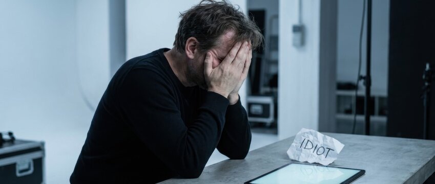 idiot concept featuring a frustrated man holding his head in a modern studio setting with dramatic lighting highlighting stress and self-doubt in a high-resolution professional portrait