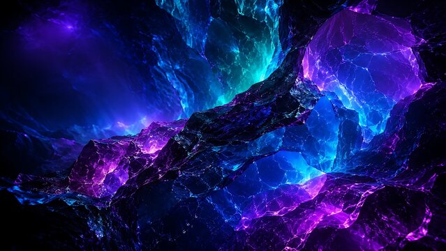 Glowing blue purple and cyan crystal cavern abstract background with dark mineral layers and fantasy energy light