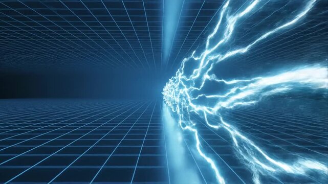 Bright blue electrical energy flows across a dark digital grid
