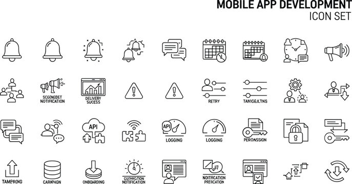 Mobile app development notification analytics performance monitoring workflow integration API tracking dashboard interface technology outline vector icon set