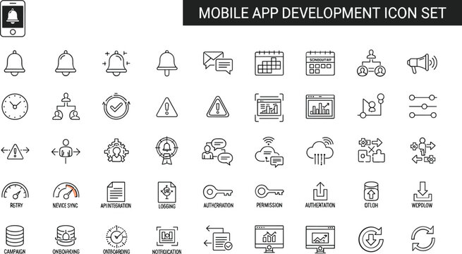 Mobile app development notification analytics performance monitoring dashboard workflow integration synchronization interface technology management outline vector icon set