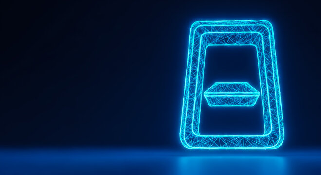 Modern digital illustration featuring a glowing neon blue frame with a smaller inner rectangle on a dark background.