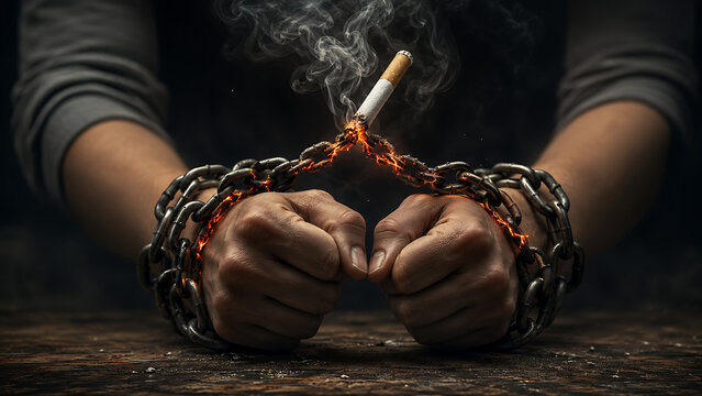 Hands in chains connected to a burning cigarette representing addiction