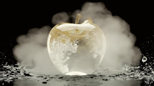 AI-generated slow motion video of water changing into a luxury gold amber apple with droplets on a black background.