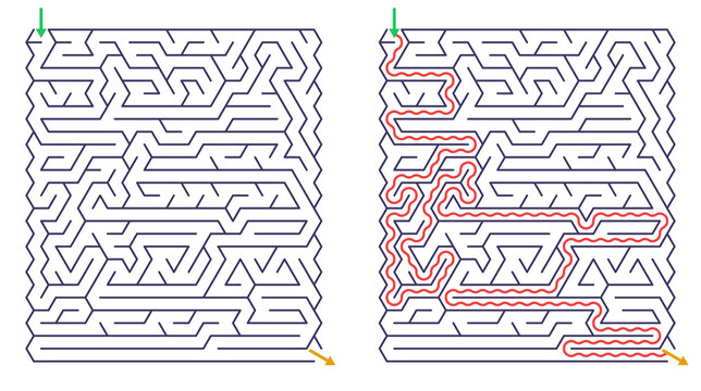 Illustration of a maze with solution highlighted in red lines  
