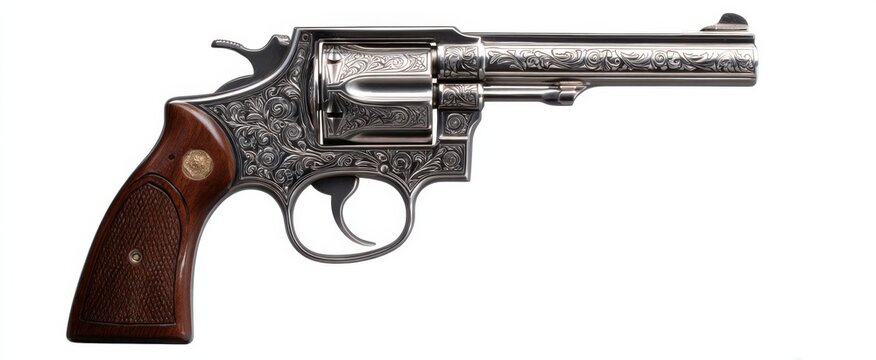 Close-up of silver-plated revolver with detailed engravings and brown leather grip on white.