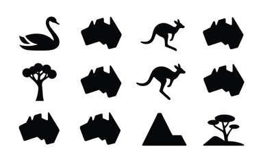 Modern flat design icon bundle featuring australian wildlife iconic natural landmarks and minimalist silhouettes of animals trees and landscapes for eco travel and nature themes © Mrittunjoy