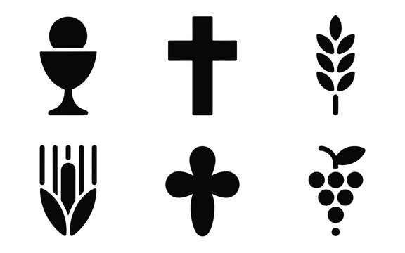 Minimalist silhouette christian icon set featuring religious symbols including chalice cross wheat and grapevine for faith and spirituality representation