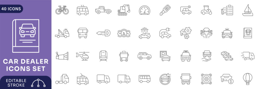 Car Dealer, Vehicle and Automobile Industry Line Editable Icon set. Editable stroke