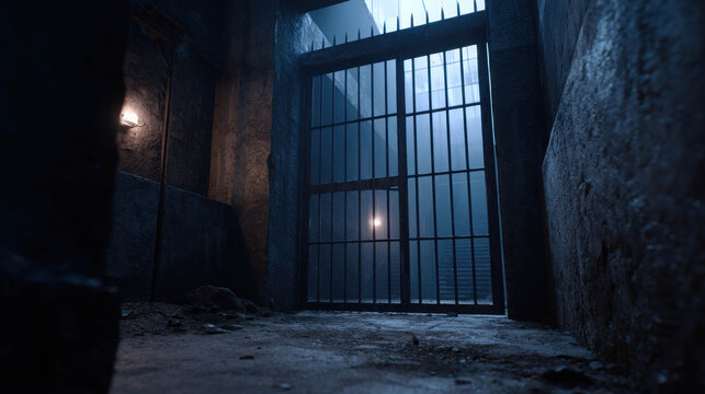 A dark, imposing prison cell with heavy metal bars and a dimly lit interior, evoking a sense of confinement and despair