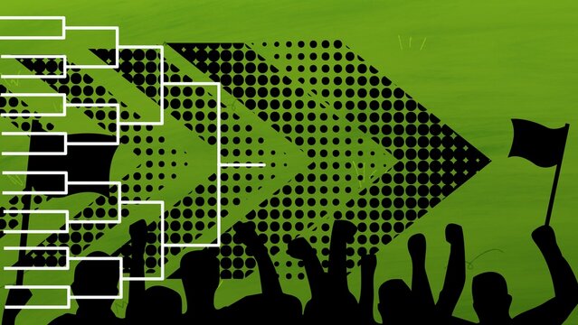 Sports Tournament Bracket with Cheering Crowd and Flag Silhouette on Green Background