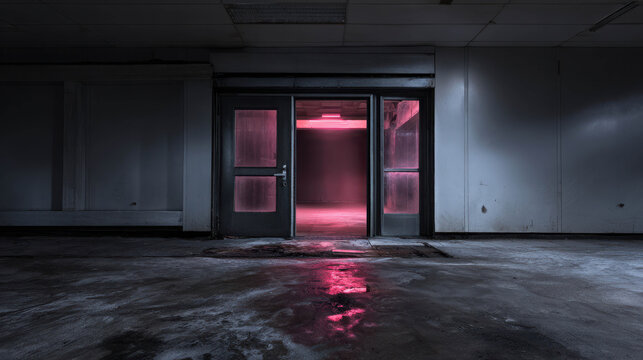 An eerie, abandoned hallway with double doors illuminated by a haunting pink light. The floor is wet and reflects the unsettling glow, creating a sense of mystery and foreboding