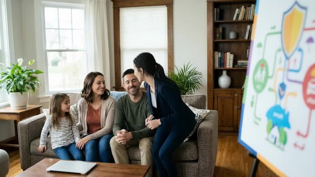 Agent in sharp focus presenting bundled home auto and life insurance options with colorful diagrams while a family listens attentively in the blurred background.