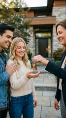 Obraz premium Realtor Giving House Keys to Happy Young Couple