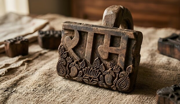 Vintage hand-carved wooden printing block with the word Ram in Devnagari script on a rustic jute fabric