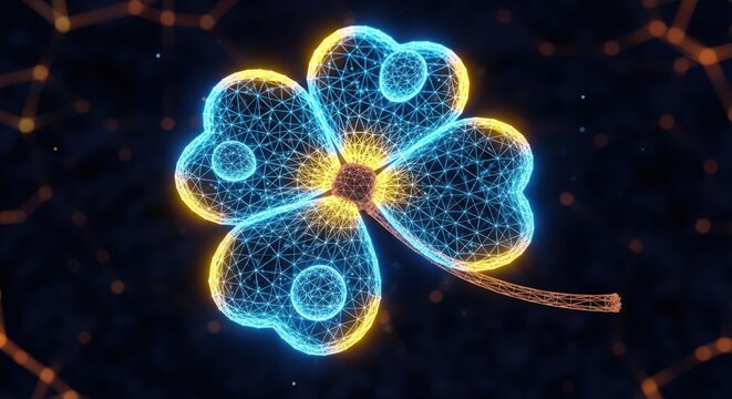 a blue and yellow four leaf clover on a black background illustration